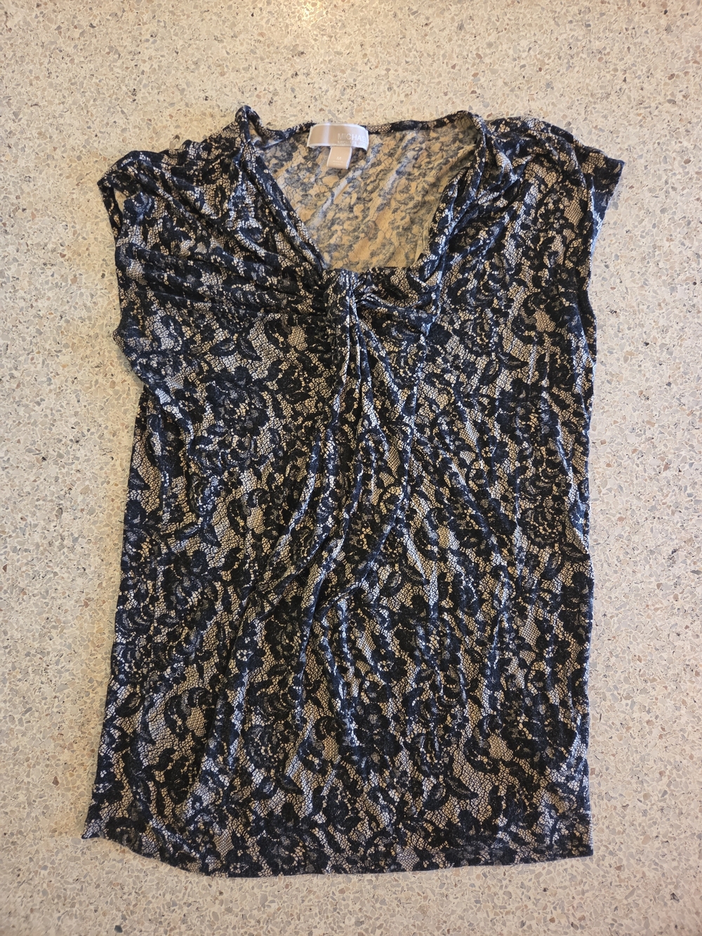 Michael Kors Tan Black Lace Print Sleeveless Top Blouse V Neck Size Med